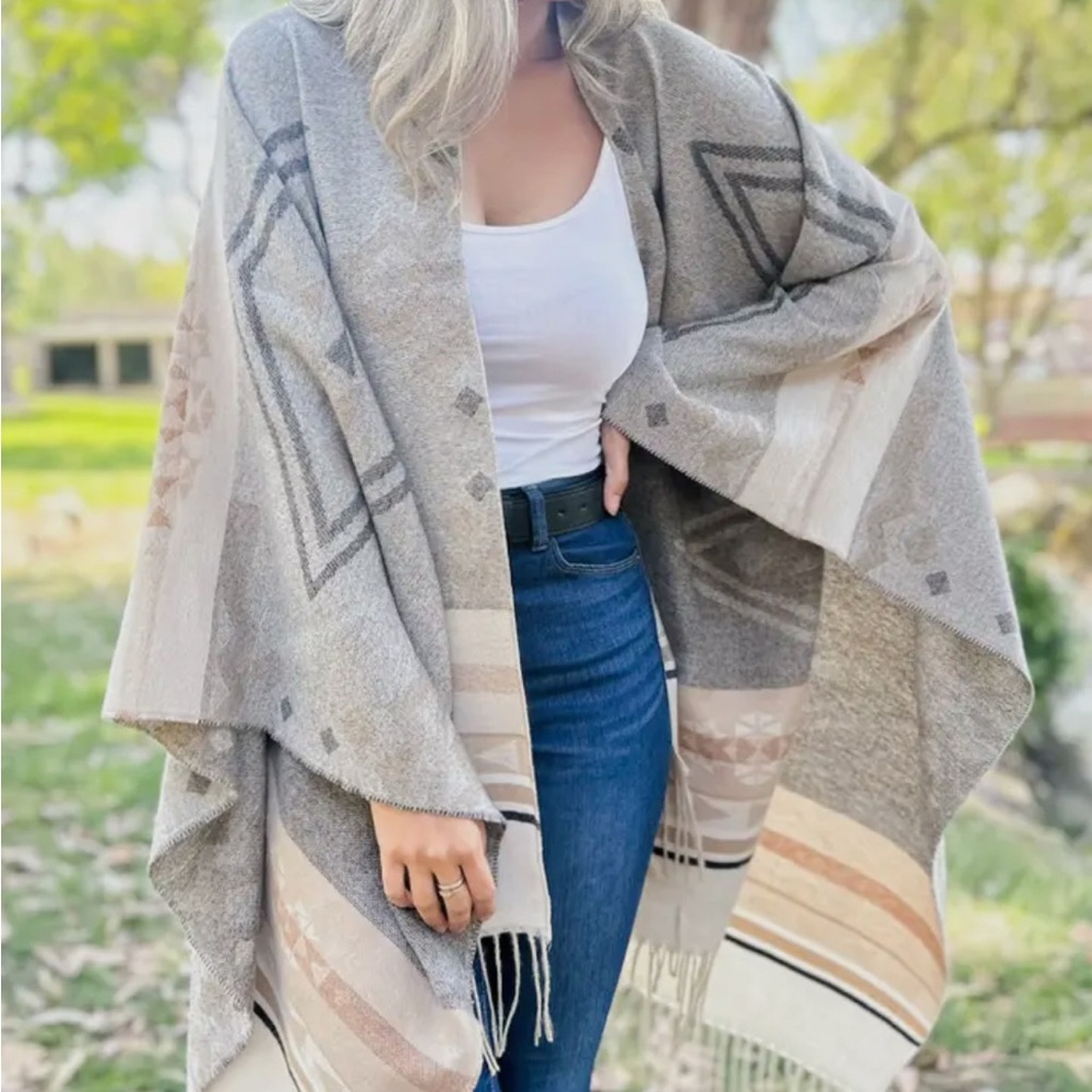 Grey Multi Aztec Ruana with Tassel - Picture 2 of 4